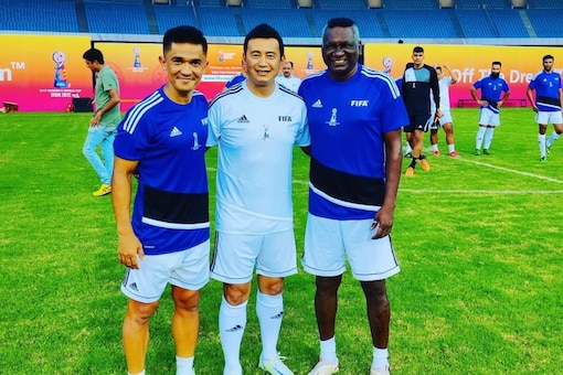 FOOTBALL LEGENDS IN ONE FRAME: Bhaichung Bhutia with IM Vijayan (right) and Sunil Chetri (left). (Image: bhaichung15/Instagram) 
