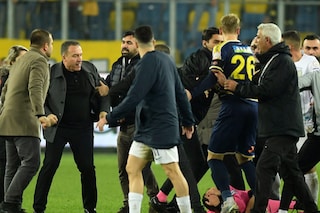 Referee Halil Umut Meler is seen lying on the ground, right, after being punched by MKE Ankaragucu president Faruk Koca, second from left, at the end of a Turkish Super Lig soccer match between MKE Ankaragucu and Caykur Rizespor. (AP Photo)